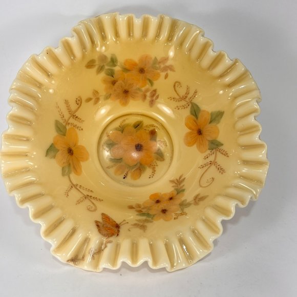 VTG Fenton Honey Amber Floral Butterfly 7224 Brides Bowl 10" Ruffled Edge 80's